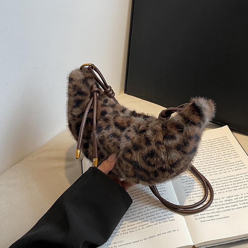 Leopard Print Faux Fur Shoulder Bag Vintage Women Plush Warm  Adjustable Strap Crossbody Bag CLE