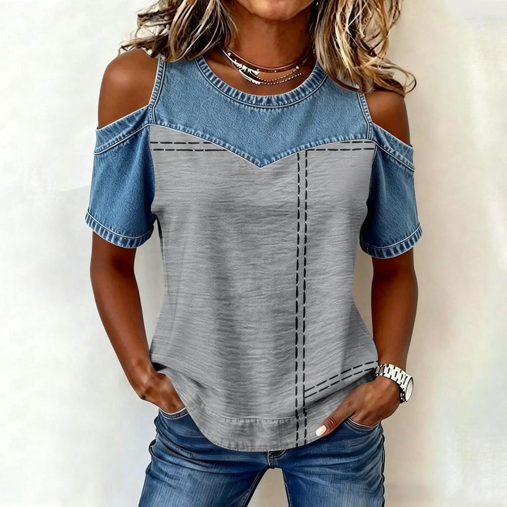 Women's Casual Patchwork Fashion Print Off-Shoulder Top