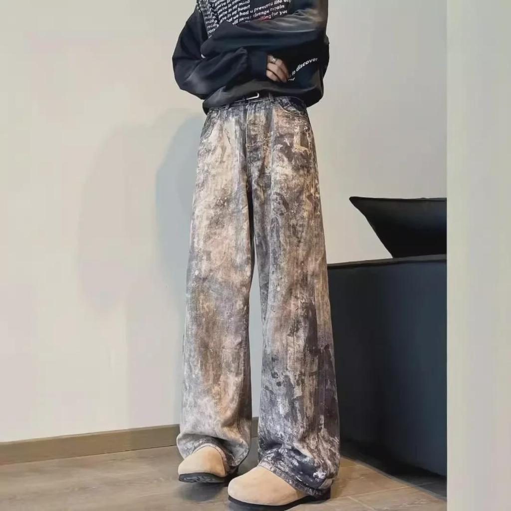 Unisex Hüftjeans mit weitem Bein, 3D-Camouflage und Tintenklecks-Print
