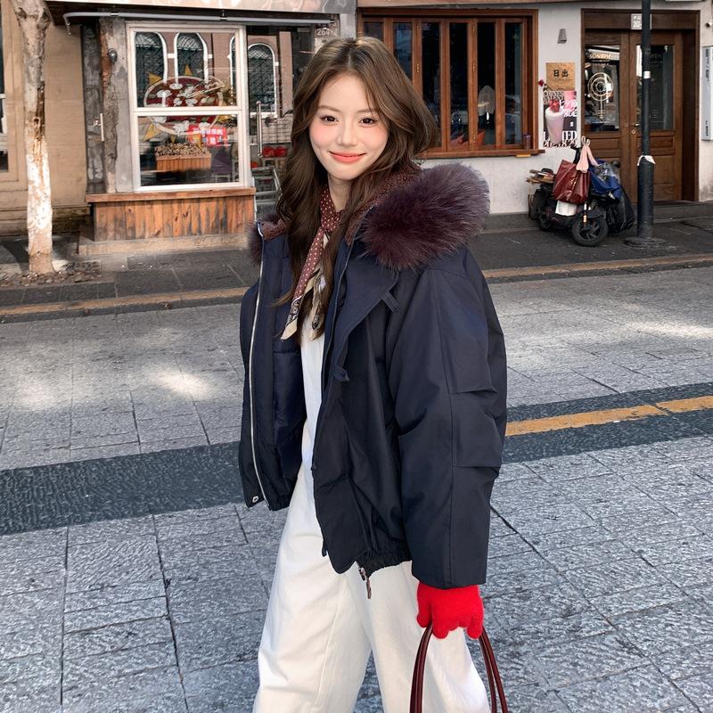 Retro großer Pelzkragen Kapuze Baumwollkleidung Damen Wintermantel Neue Hörnchen-Schnalle Verdickte Baumwollpolsterung Kleidung
