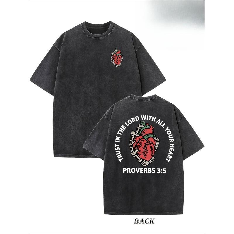 European Size Vintage Creative Pattern Washed "Trust in The Lord" Double-Sided Printed Heavyweight Pure Washed Drop Shoulder Men'S Vintage Street Top