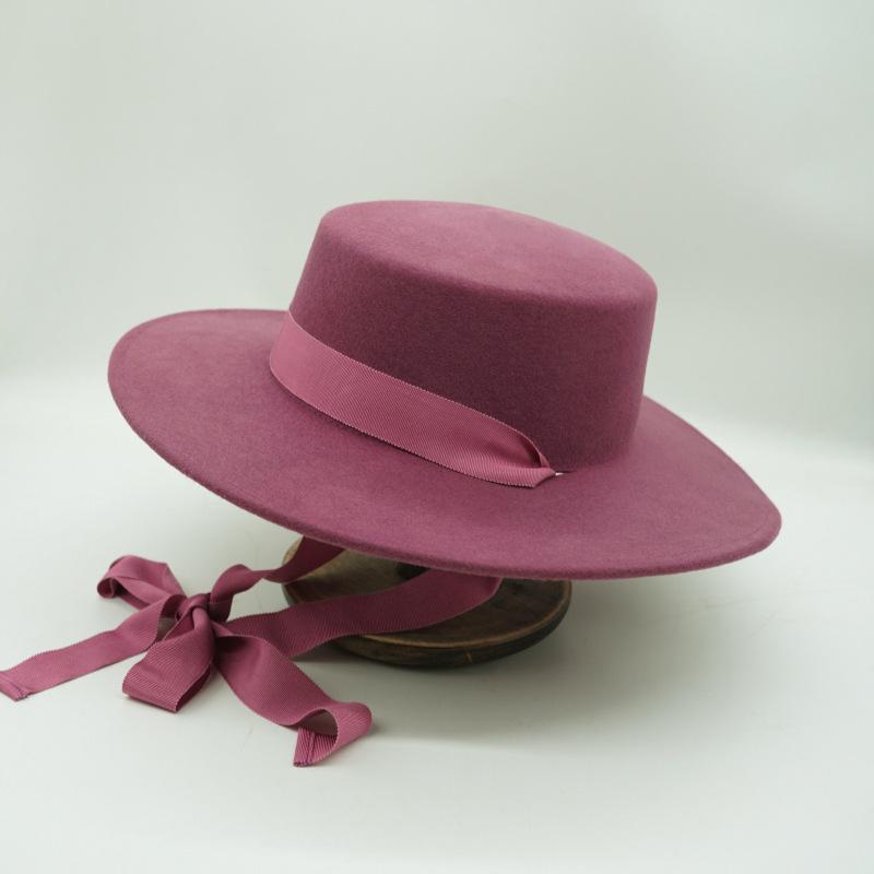 Japanese Korean Version Retro Raspberry Purple Lace-Up Removable Wool Nylon Felt Flat Top Top Hat Women'S Autumn And Winter Wide Brim British