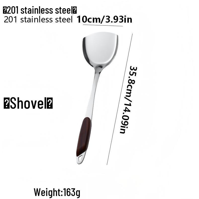 Large Stainless Steel Slotted Spoon & Wood Grain Handle Spatula Set for Commercial Wok & Frying Pan
