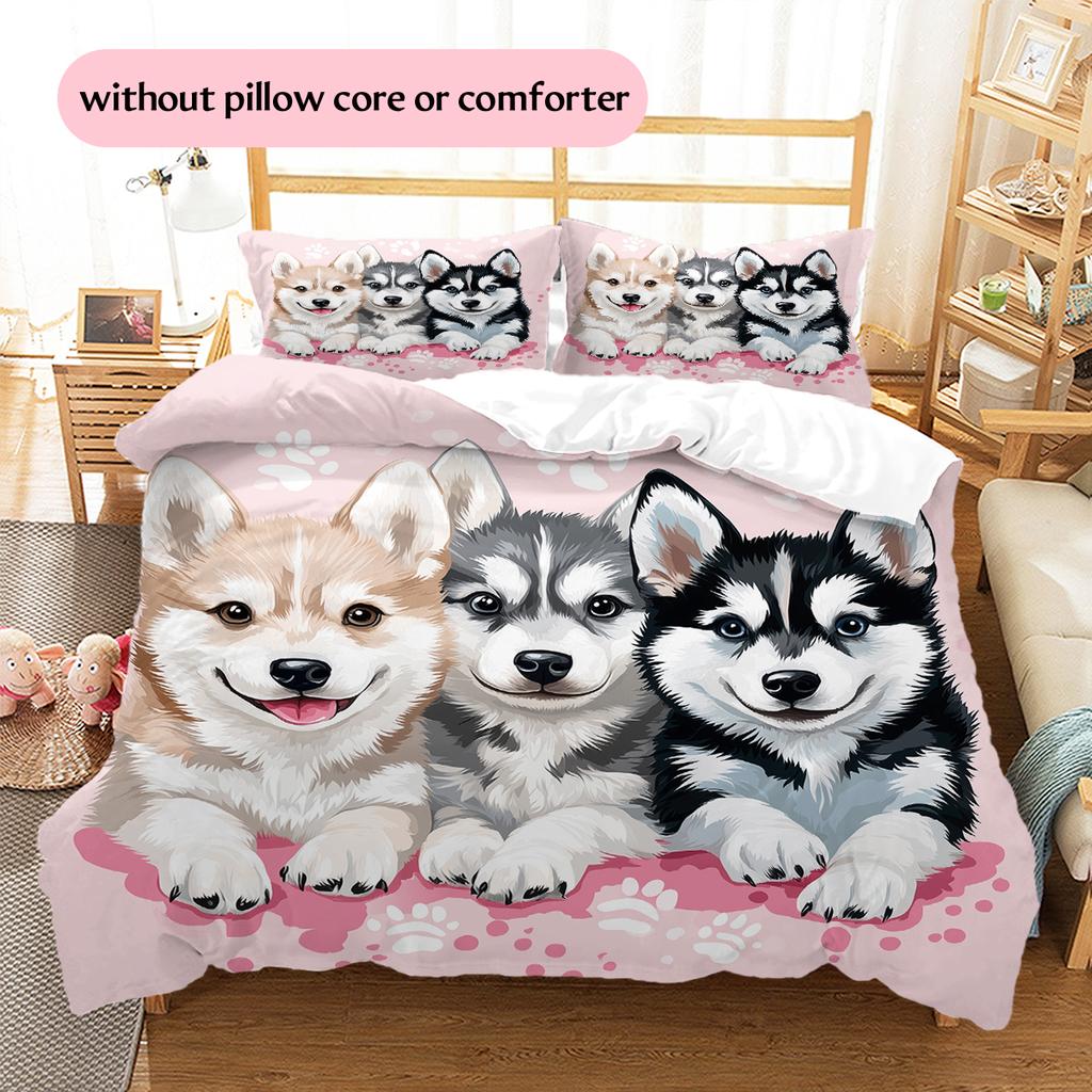 Cartoon Husky Muster Bettwäsche Heimdekoration Geburtstagsgeschenk (1 Bettbezug + 2 Kissenbezüge, ohne Füllung)