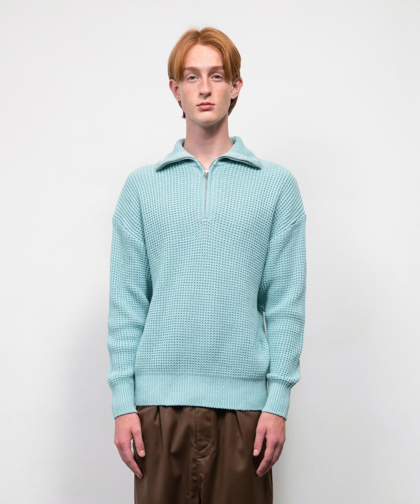 KNITTED Soft Cotton Heavy Waffle Half Zip Knit Sky Blue