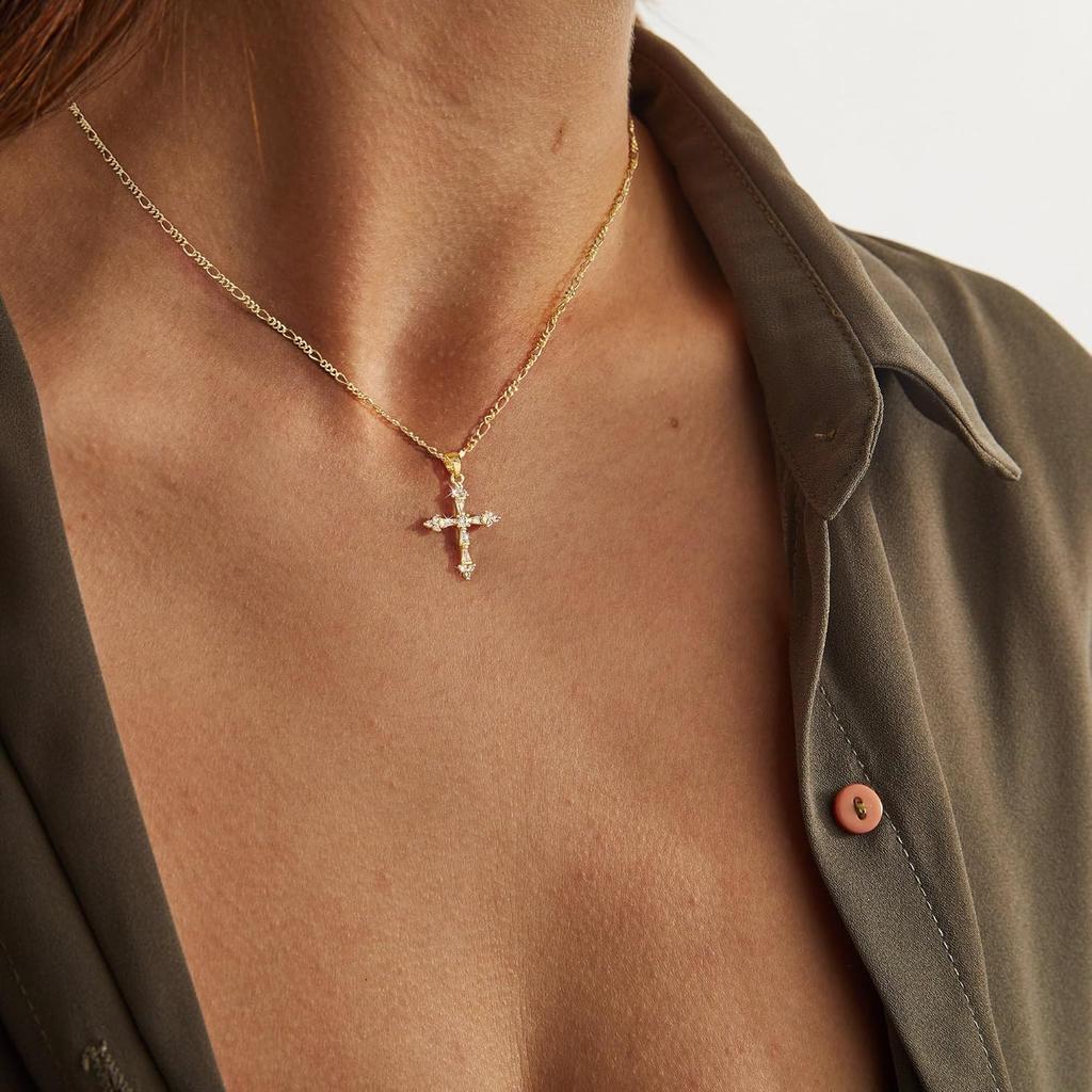 Cross Necklace for Women,Double Cross Necklace 14K Gold Plated Cross Pendant Necklace Dainty Gold Cross Necklaces for Women