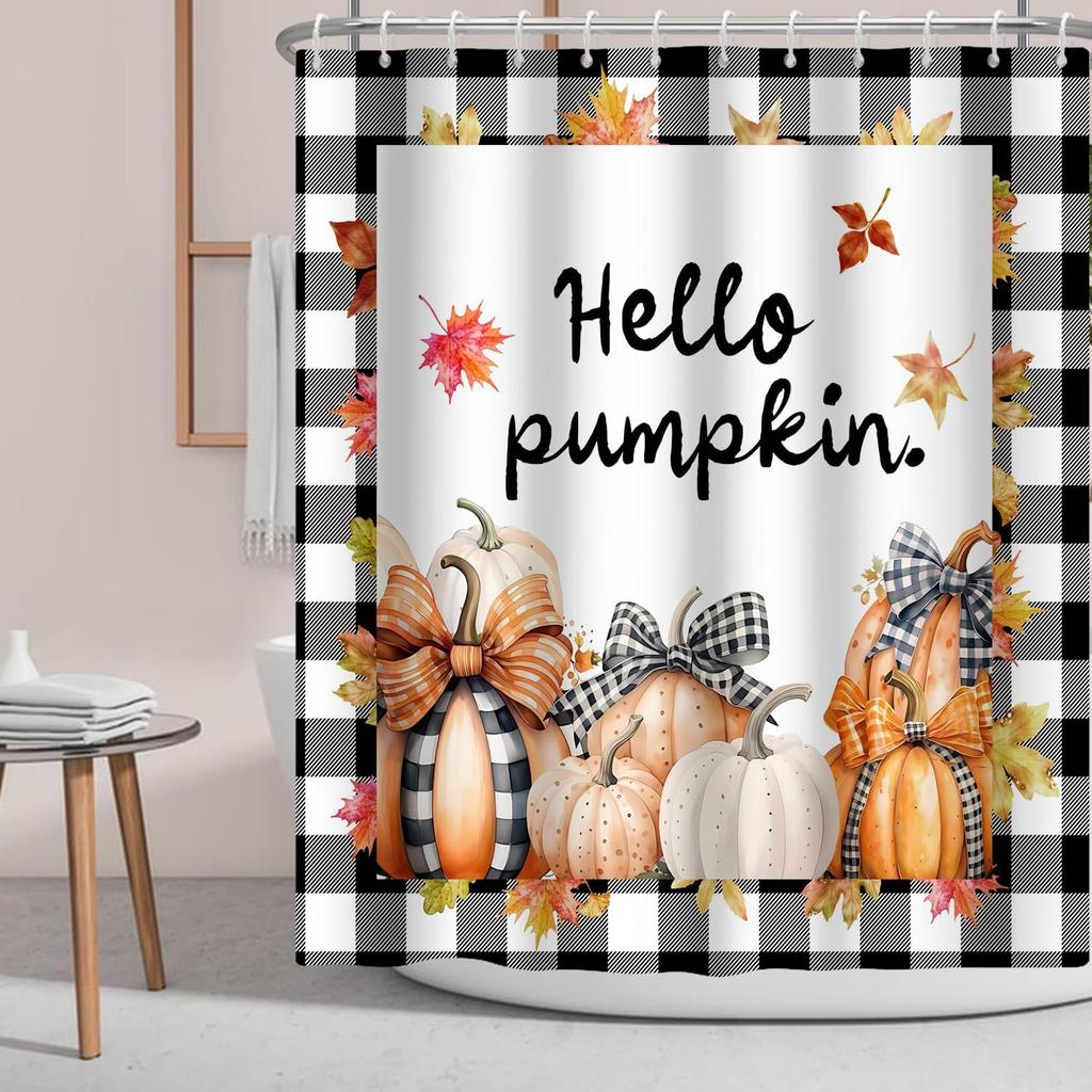 Fall Pumpkin Shower Curtain Buffalo Pumpkins Polka Dot Pumpkin Maple Leaf Autumn Harvesting,Black White Check Fabric BathCurtain