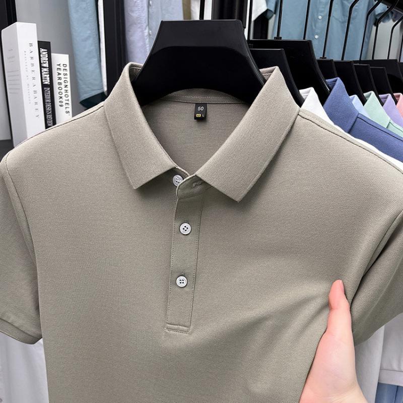 Men's Short Sleeve Turn-Down Collar Shirt - Mercerized Cotton, 16 Solid Colors, Straight Leg for Mature Style