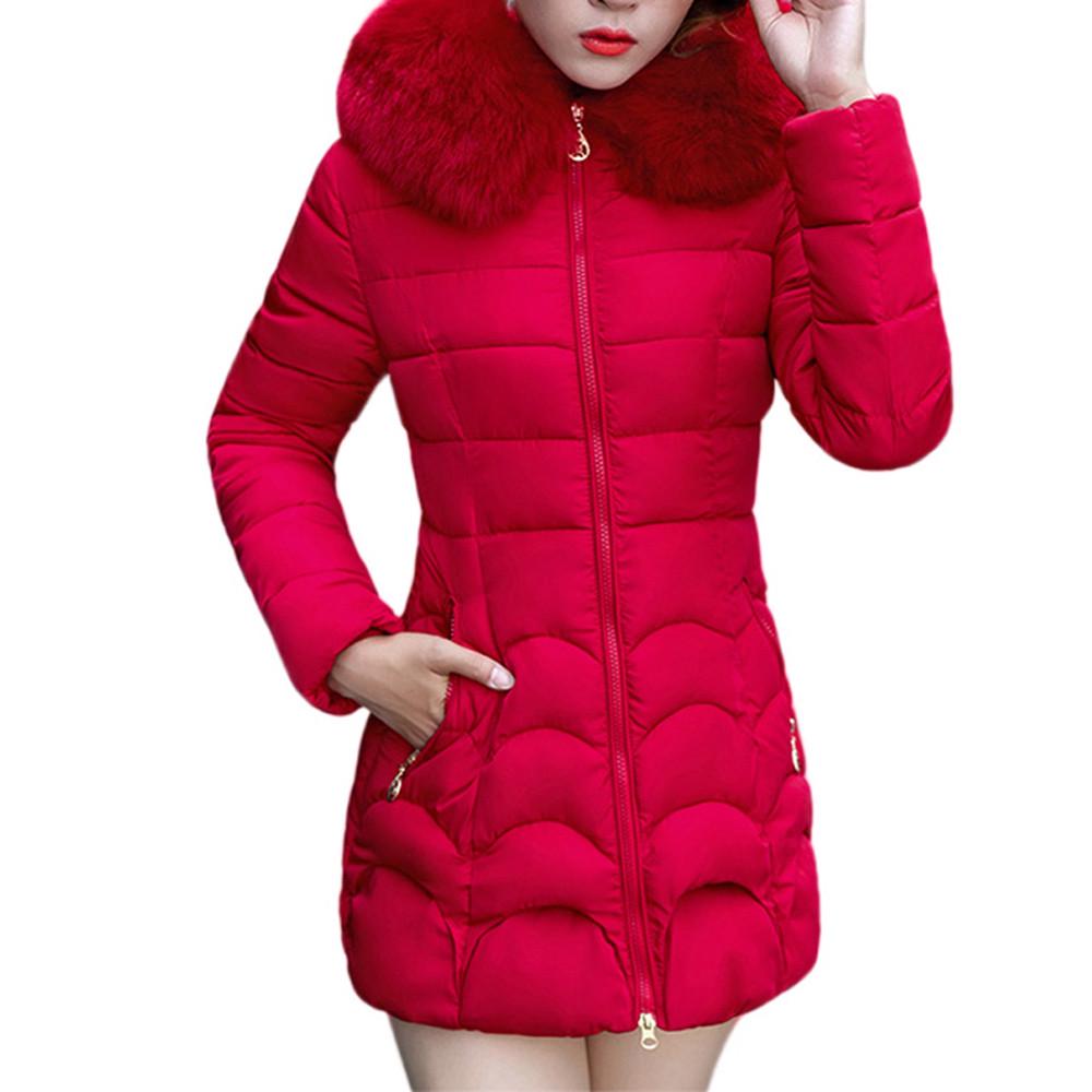 Women Hooded Outwear Warm Coat Long Thick  Collar Cotton Slim Jacket