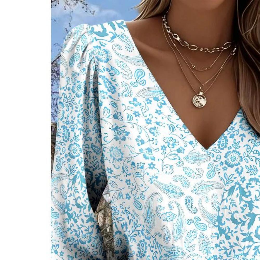 Dames Bohemian Retro Westerse Stijl V-hals Blouse - Lantaarnmouw Top, geschikt voor casual kleding, vakanties en dagelijkse outfits