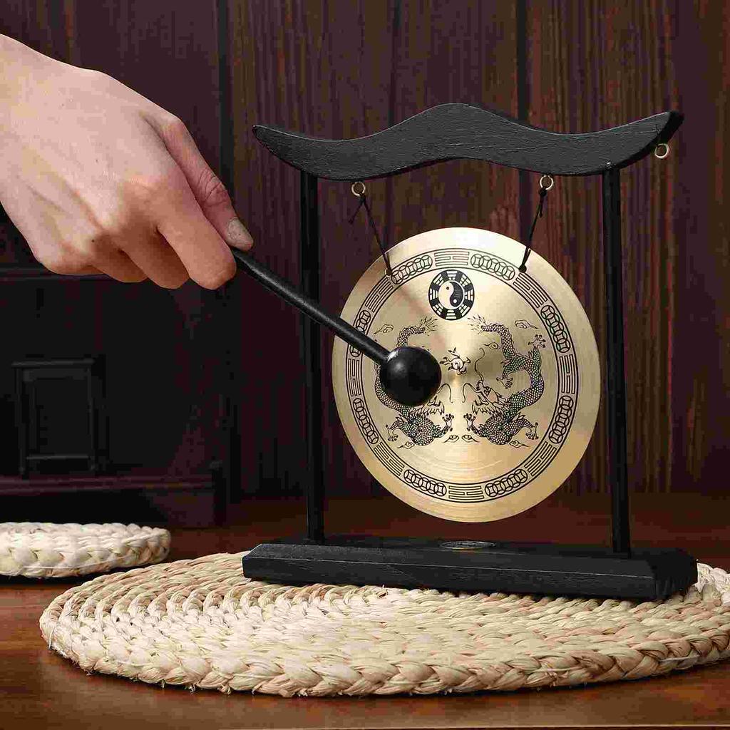 Copper Gong With Mallet Sturdy Handicraft Vintage Pattern Brass nament Desktop Figurines Miniatures Chinese