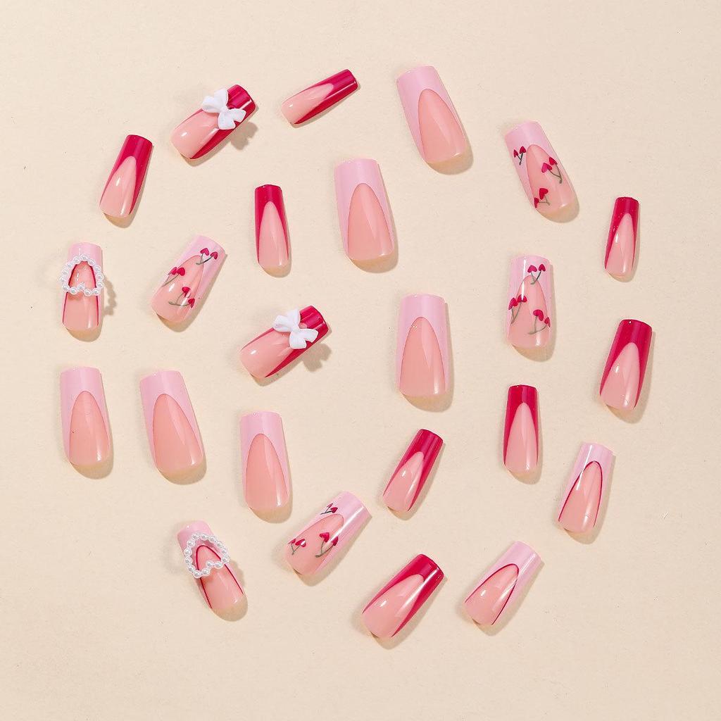 Rose Red 3D Bow Pearl Heart Cherry French Nails