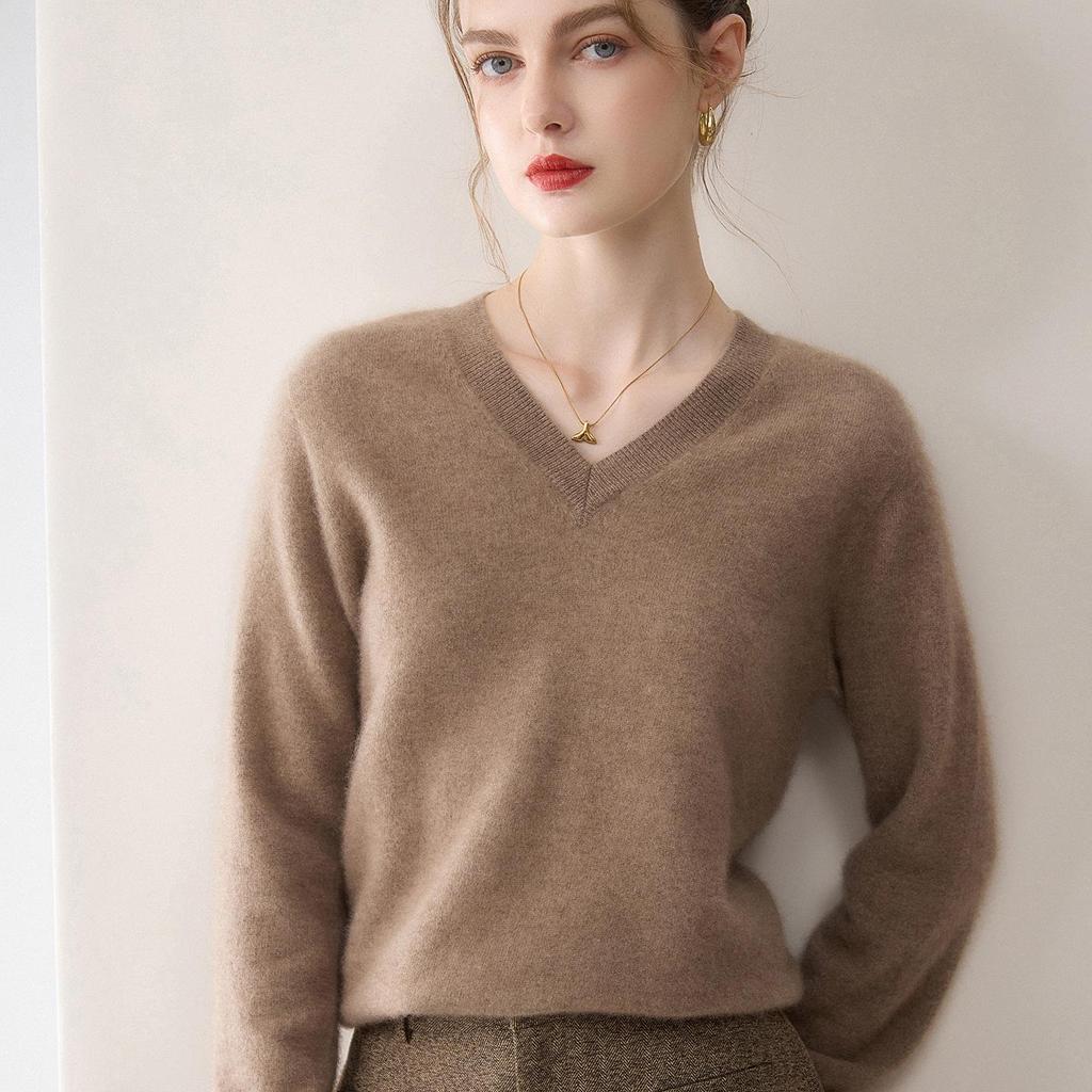 Minimalist Women's Pure Cashmere V-Neck Loose Knit Sweater - Early Autumn Pullover Top