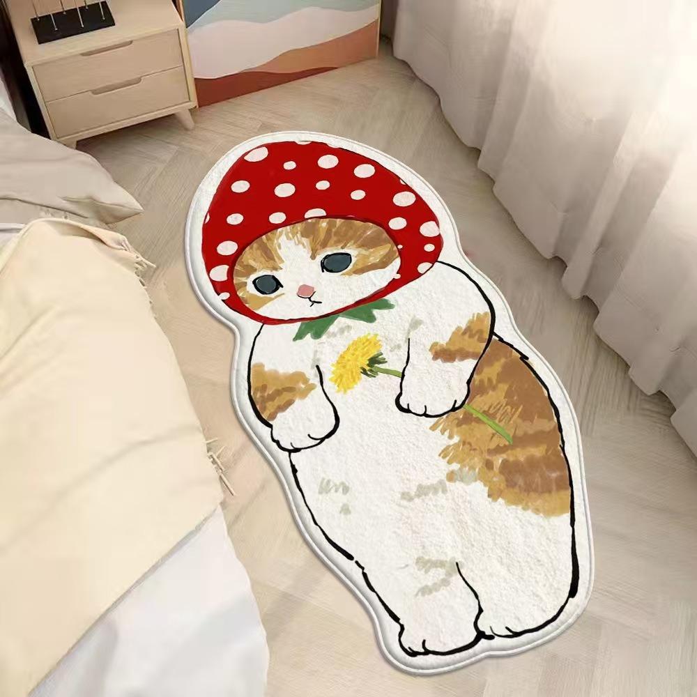 2pcs Cartoon Cute Cat Imitation Cashmere Bedroom Carpet Special-shaped Bedside Carpet Floor Mat