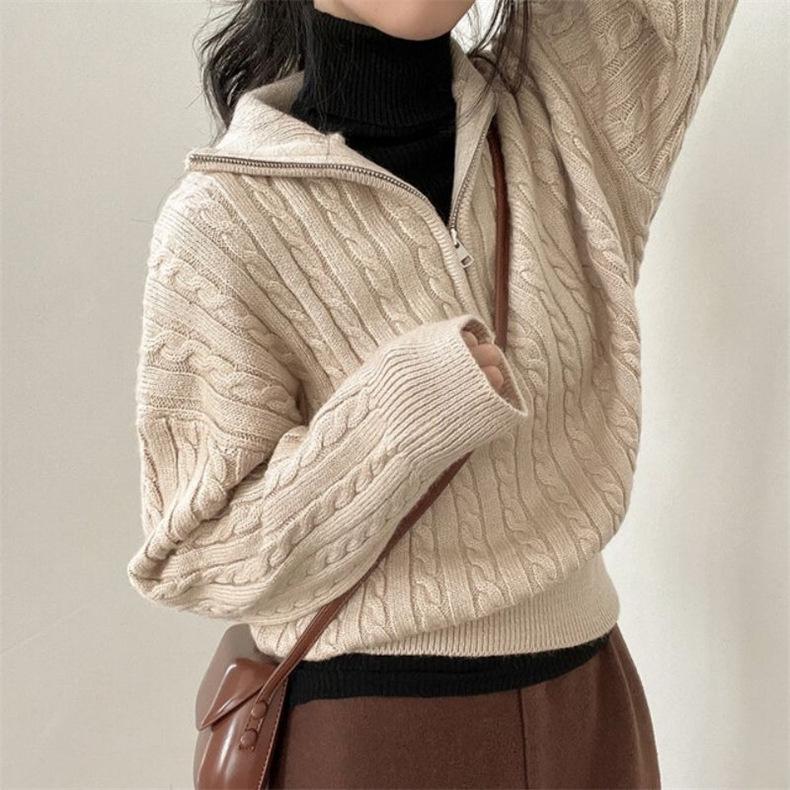Korean Style Retro Cable Knit Zipper Pullover Sweater - Women's Autumn/Winter 2025 Collection