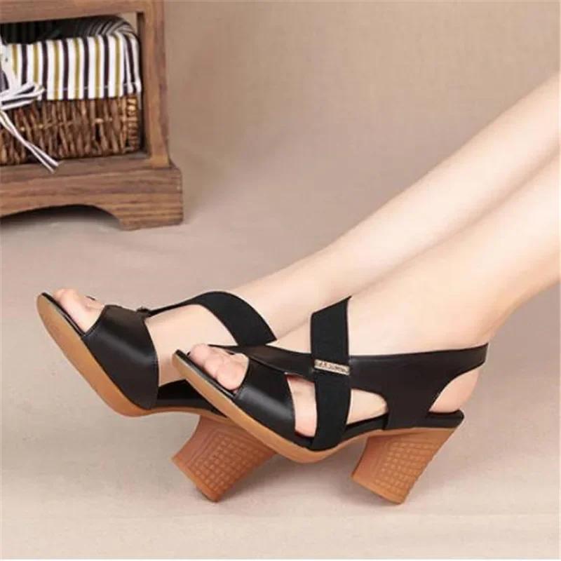 Fashion New Mid-heel Sandals Women Summer Shoes Comfortable High Heels Thick Heel Peep Toe Non-slip Soft Bottom Mother Shoes Slip-On