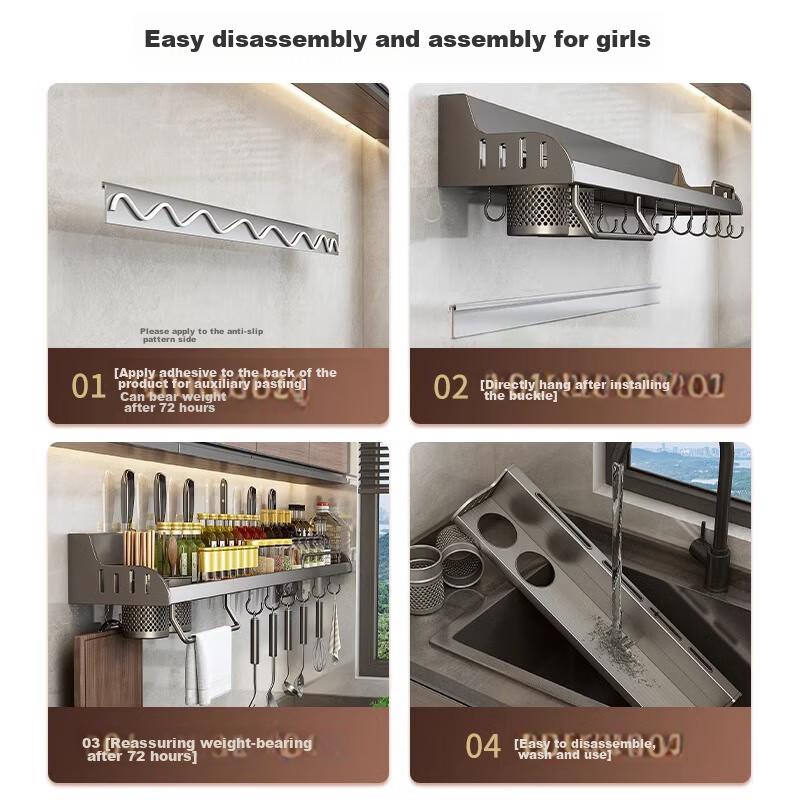 Huxiansen Kitchen Storage Rack, No Drilling Required, Wall-Mounted Seasoning Rack, Chopstick Holder, Knife Holder, Utensil Organizer, 50CM Double Cup