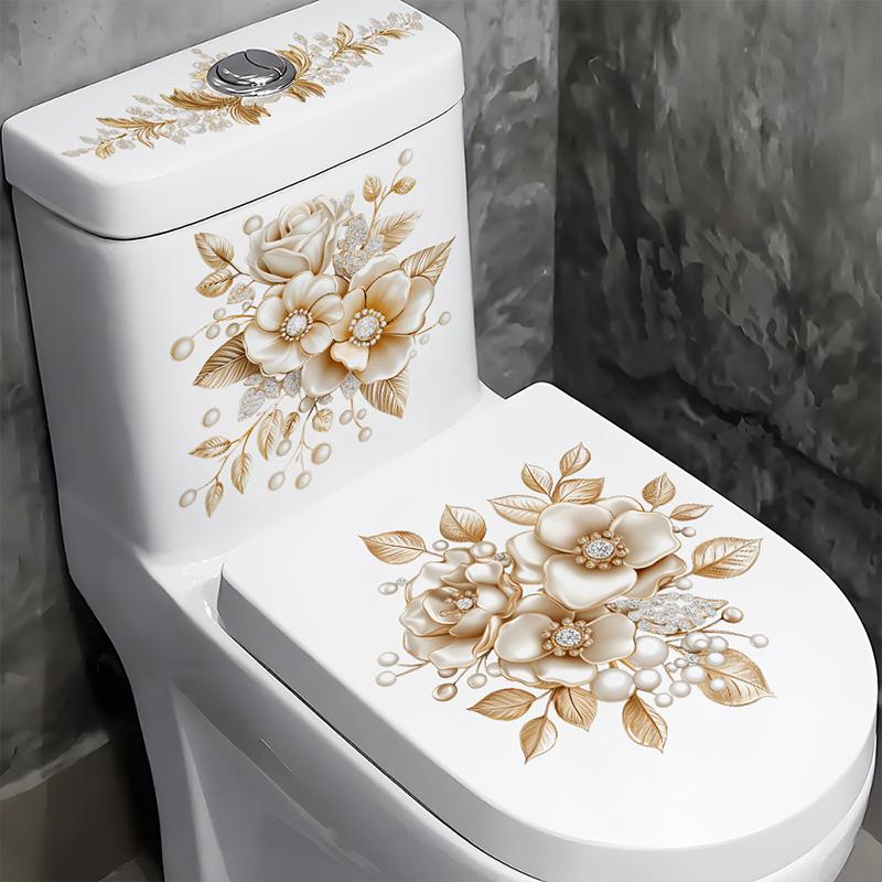 Luxuriöser Diamantbesetzter Goldener Blumiger Toiletten-Dekorationsaufkleber Selbstklebend Wasserdicht Und Langlebig