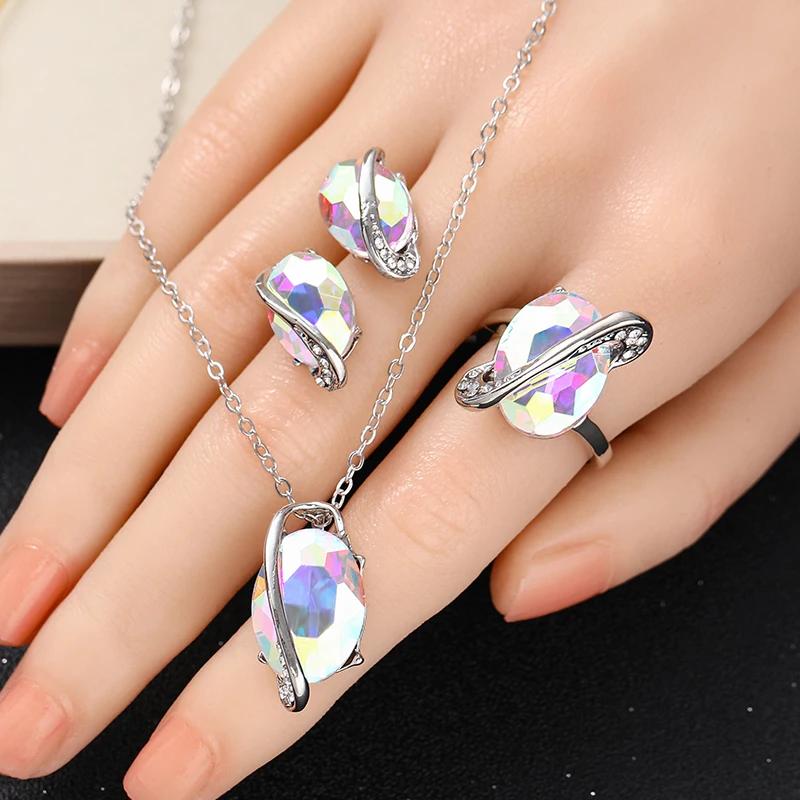 3 Stück Bunte Zirkon Anhänger Ringe Ohrringe Halsketten Set Modische Hochzeit Zirkon Geschenke für Frauen