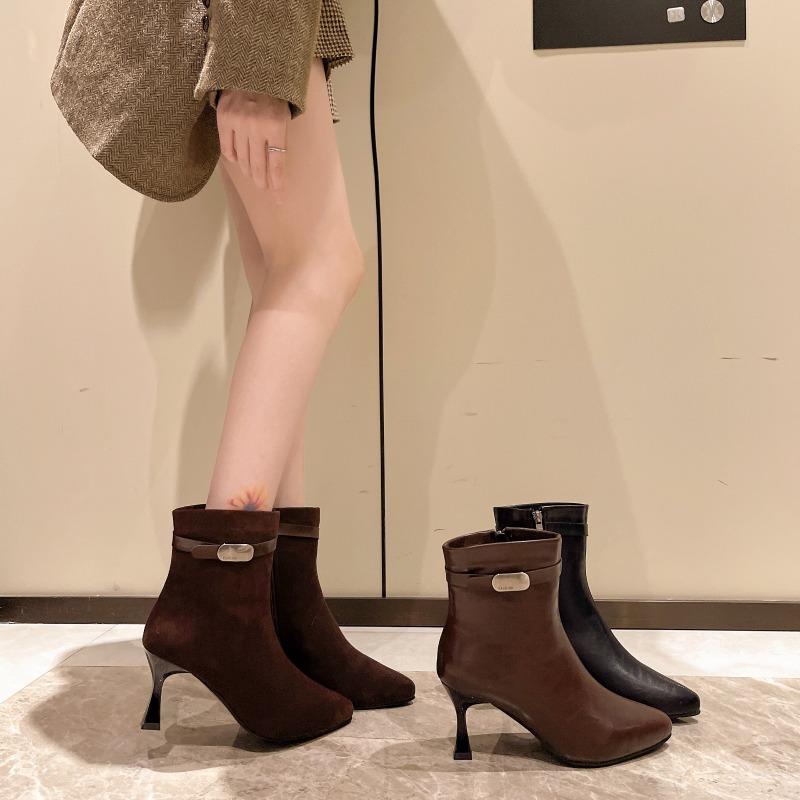 Women's Fashion Thin Heel Shoes Autumn New Pointed Suede Side Zipper Soft Sole Anti-slip Wear-resistant Short Tube Shoes
