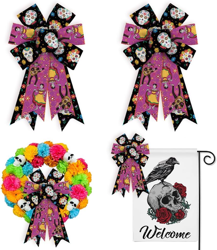 

2PCS Day of The Dead Bows for Wreath Purple Black Sugar Skull Flower Dia De Los Meurtos Bows for Halloween Mexican Ofrenda Decor 12.99 x 8.46 in