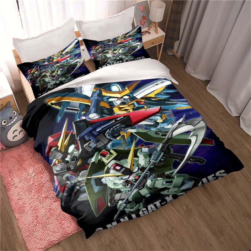 "3D Mobile Suit Gundam" anime-themed comfortable bedding set, including duvet cover, pillowcases, and children's set.