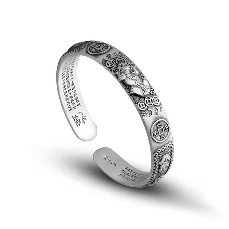 Argento Thai Trasferimento Ricchezza Pixiu Moneta di Rame Sutra del Cuore Bracciale Per Uomini Donne Moda Nuovi Gioielli Regalo Festa