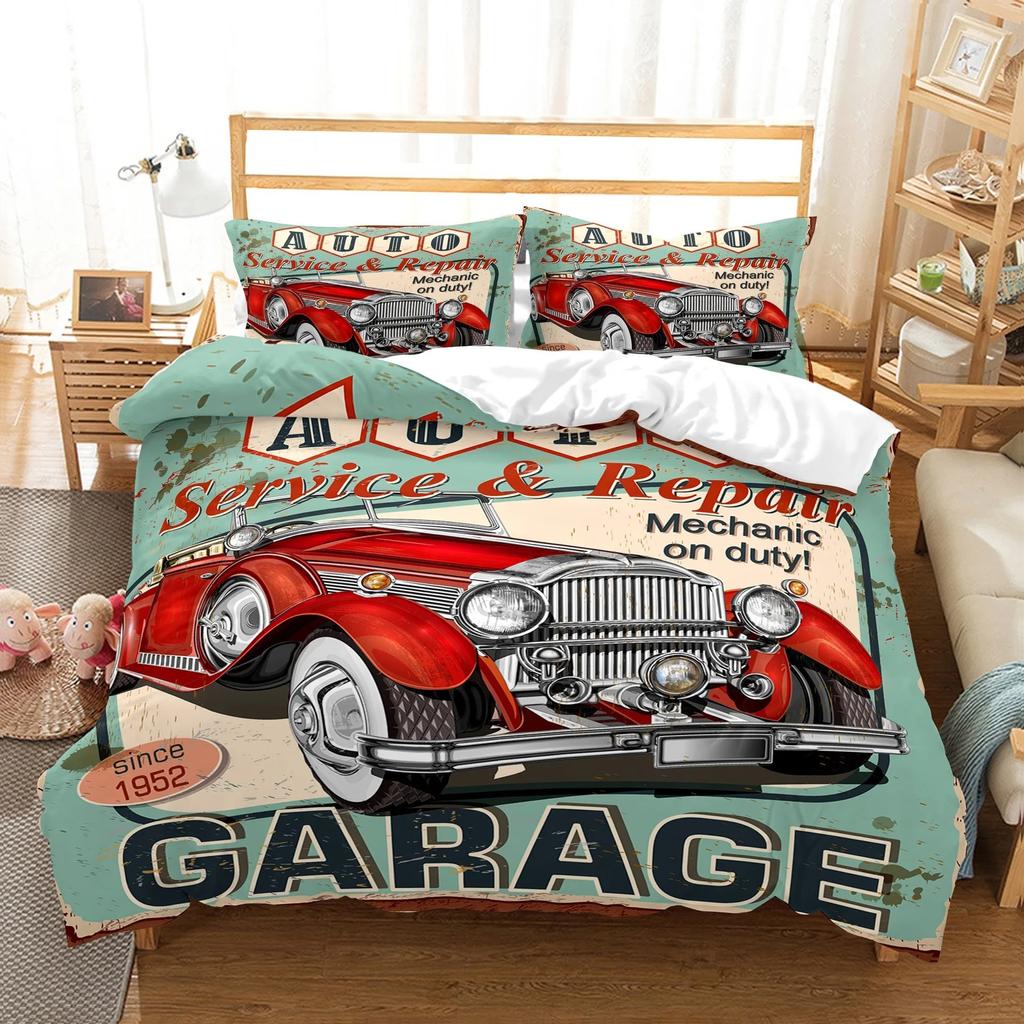 New York Statue Of Liberty Duvet Cover Kingqueen Size Retro Car Nostalgic 50S BeddingVintage Car Polyester Quilt Cover For Men