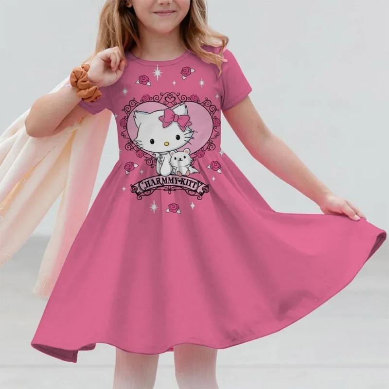 3D Printed Sanrio Hello Kitty Fashion Cartoon Pattern Cute Short Sleeved Dress Cosplay Youth Girl Clothes Kuromi Clothes Sweet