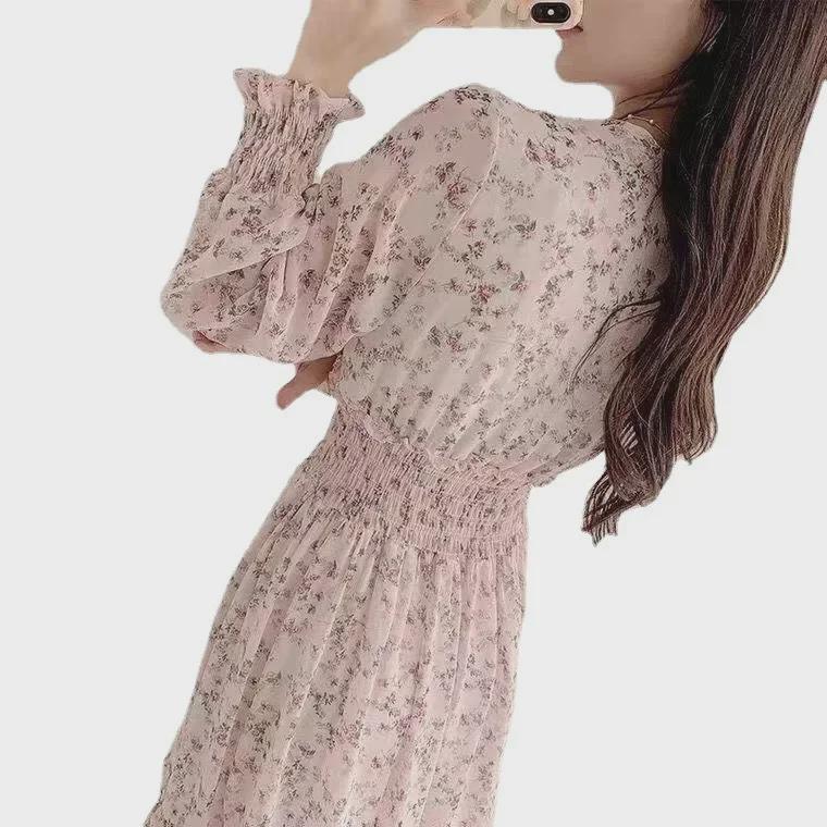 2024 Floral Chiffon V-Neck Dress: High-Waisted, Long-Sleeve, Waist-Cinching Korean Style for Spring and Autumn