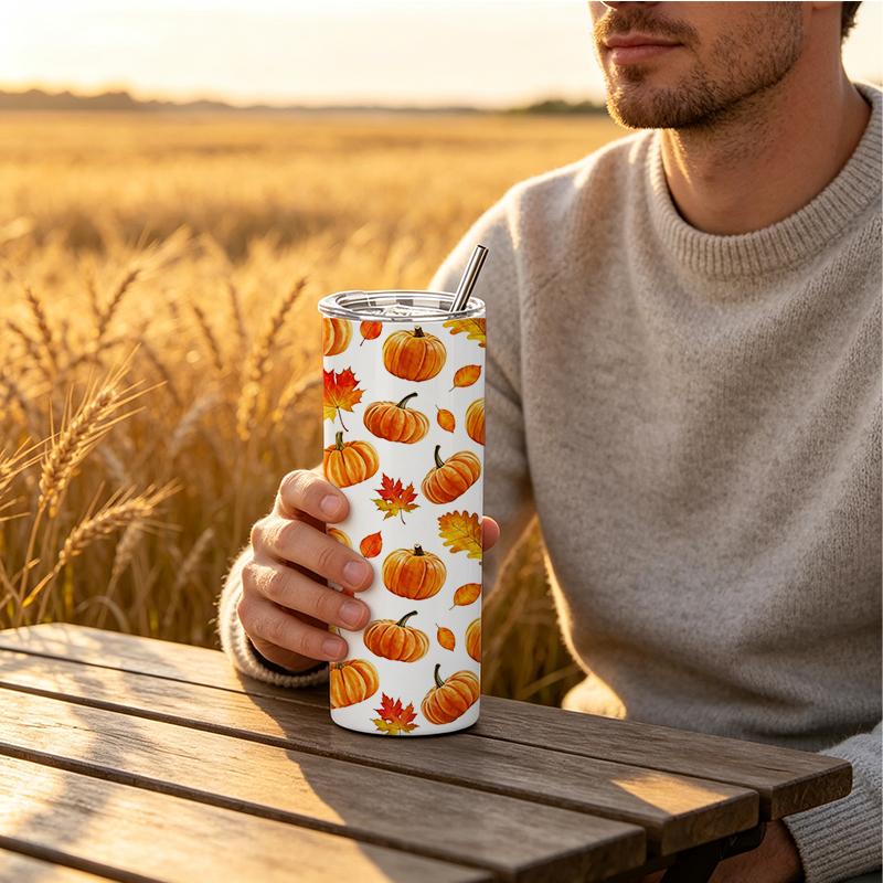 Straight Cup 591ml Bountiful pumpkins and melon fruits Straw Cup Hot Cold Tumbler Insulated Travel Cup Skinny Tumbler Ice Retention Cup