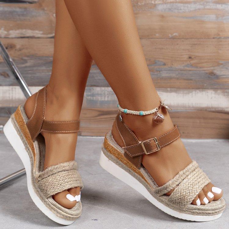 Large size linen sole wedge heel fish mouth word with beach sandals summer ethnic style women's shoes