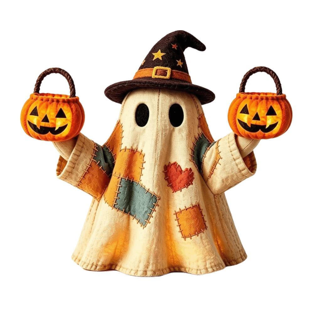 Resin Halloween Light Up Ghost Figurine Warm LED Light Battery Operated Halloween Ghost Figurine Patchwork Ghost Lamp