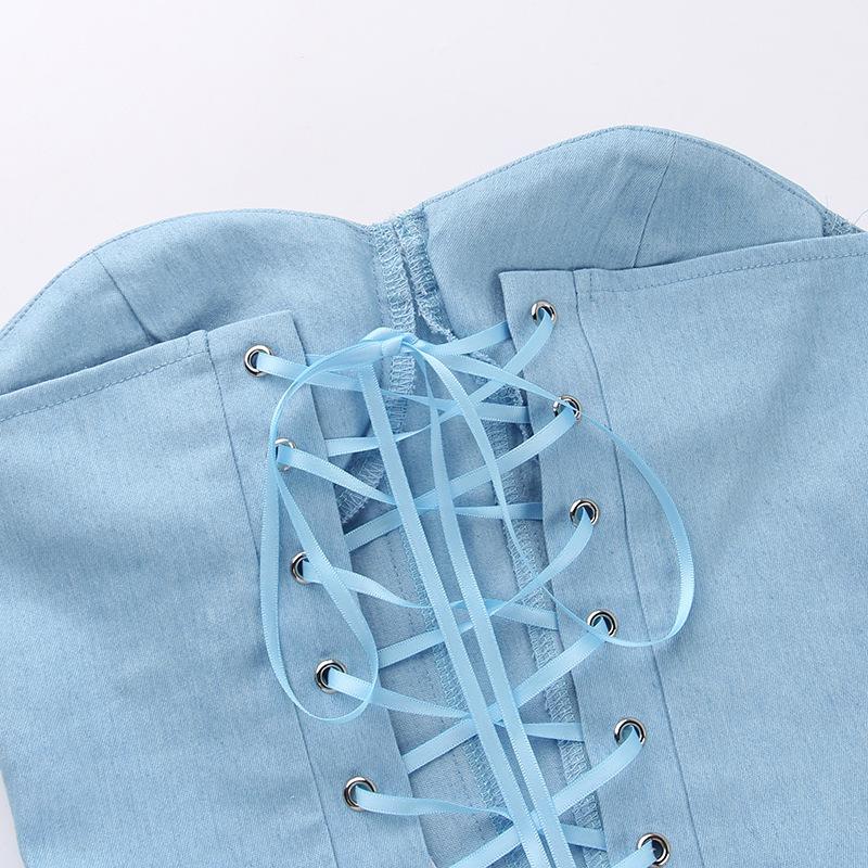 Top tubo de mezclilla sintética con copas para el busto a la moda para mujer Faja Spice Girl Top con escote pronunciado