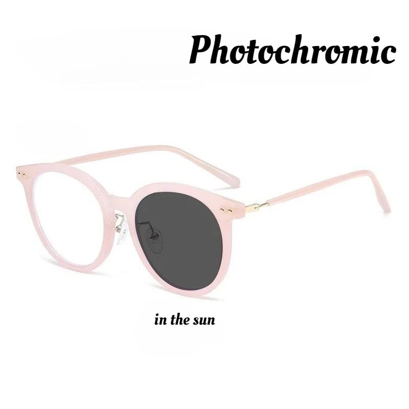

Unisex New Round Large Frame Photochromic Myopia Glasses Women s Fashion Retro HD Anti-blue Light Myopia Glasses To -3.0-3.5-4.0 0 розовый
