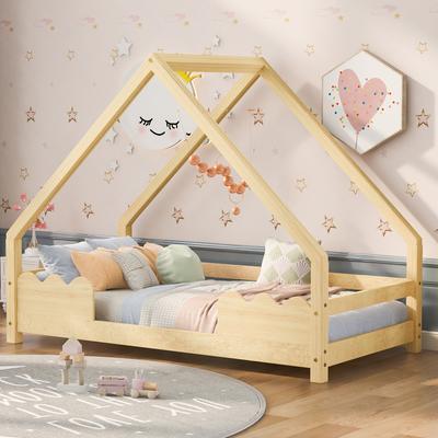 House Bed Children's Bed 90x200cm with Fall Protection Play Bed Youth Bed Solid Wood In Natural(OLD SKU:WF531910AAN)