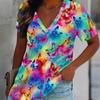 Damen V-Ausschnitt Kurzarm Top Regenbogen Aquarell Hintergrund Bunter Schmetterlingsdruck Bluse
