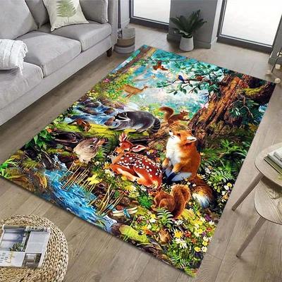 Forest Animal Theme Polyester Carpet Mat, Soft Washable Area Rug for Living Room, Outdoor, Patio, Kitchen, Bedroom, Playroom, an
