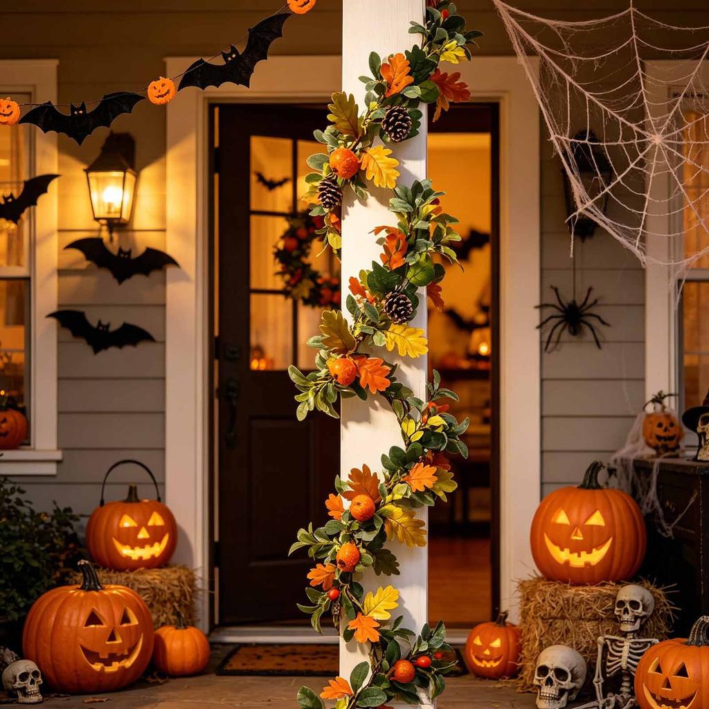 Artificial Pumpkin Maple Leaf Garland 67in Faux Vine Decorative Fall Harvest Fireplace Mantel Cabinet Hanging Ornament for Home