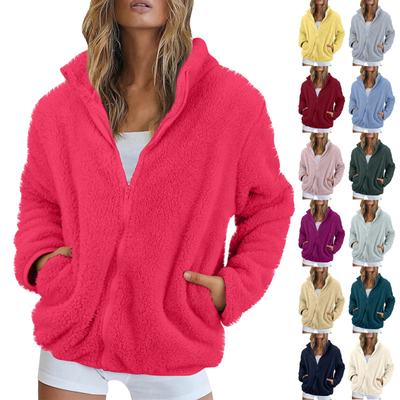 Women's Solid Color Fashionable Winter Loose High Neck Long Fleece Plush Warm Zipper Jacket