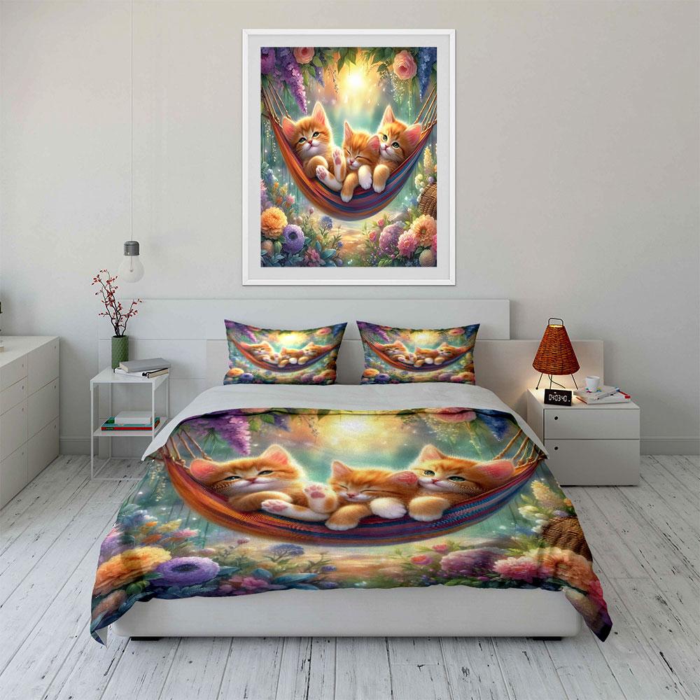 Three Kittens Relaxing In Hammock Print Soft Comfortable Duvet Cover Bedding Set Included 1*Duvet Cover 2*Pillowcases