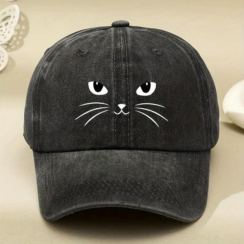 Cute Cat Face Print Washed Baseball Cap Polyester Unisex Casual Outdoor Adult Cap