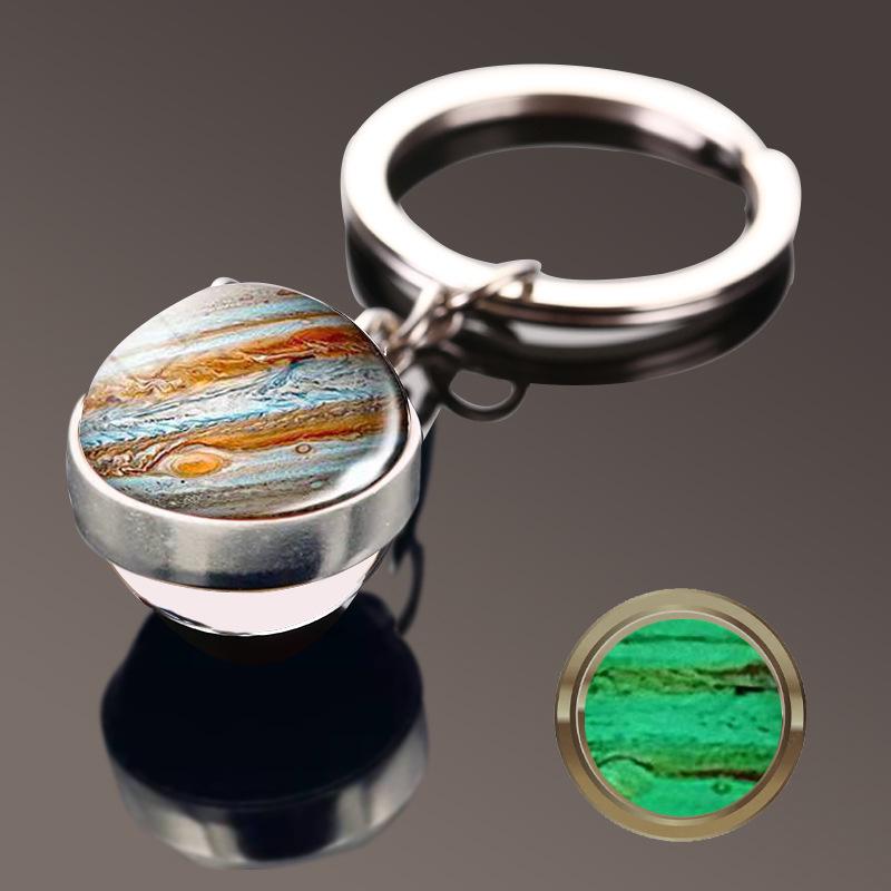 Double-Sided Glass Galaxy Keychain with Moon, Earth, Mars Pendants