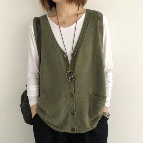Vintage Arts Style Knitted Vest Female Solid Color Sleeveless Button V-Neck Waistcoat Women Casual Loose Knitwear Coats