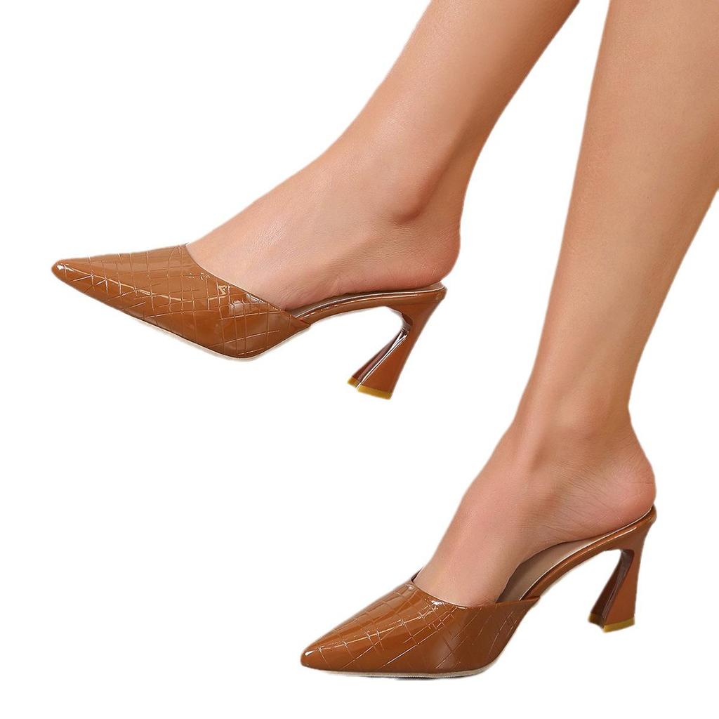 Plus Size Pointed Toe Leather Heels - Shallow Mouth, Thin Heel, Solid Color, Lazy Shoes (Size 42)