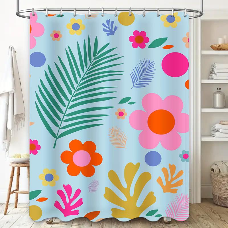 Vibrant Floral Shower Curtain Bold Pink Flowers Green Leaves on Soft Blue Background Modern Bathroom Decor for Girls Room Waterp