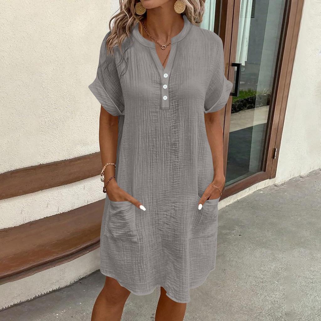 Damen V-Ausschnitt Knopf Kurzarm Kleid mit Taschen Lockerer Schnitt Lässiges Leichtes Tunika-Kleid für den täglichen Gebrauch