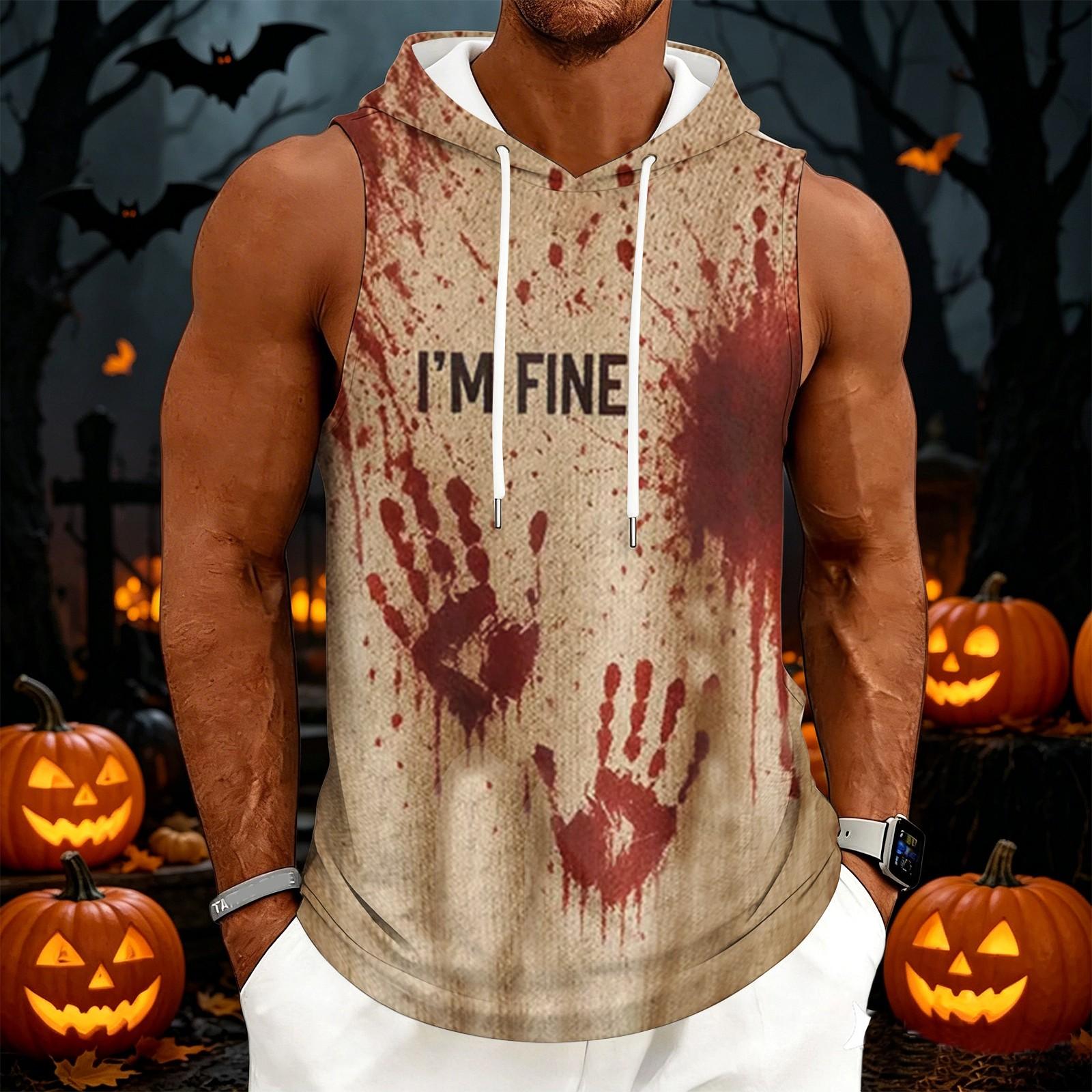 Men s Casual Sleeveless Hoodie with Drawstring Hood Halloween Print Lightweight Muscle Tank Top for Summer Outdoor Gym Workout XXL