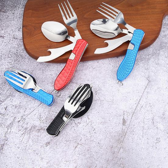 4-In-1 Folding Camping Utensils Stainless Steel Spoon Fork Knife Opener Combo Set Portable Multifunctional Lightweight Outdoor Tableware for Travel
