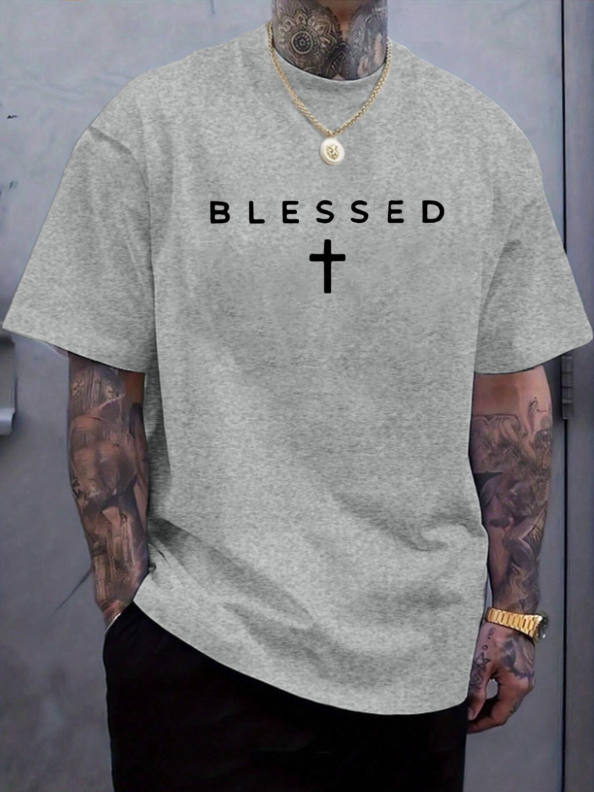Men S Blessed Cross Print T-Shirt - Casual Crew Neck, Short Sleeve S разноцветный